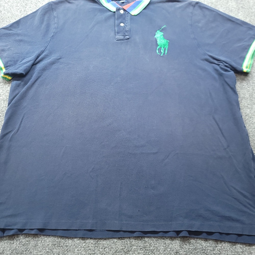 Polo Ralph Lauren Mens XXL Navy Blue Big Pony Striped Collar Polo Shirt Classic